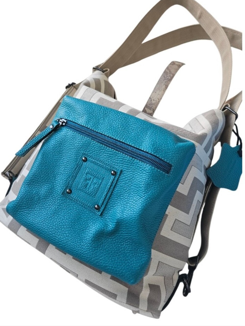 Forest Canvas Geo-Pattern Backpack -Sholder Bag with Teal Leather Pocket - Picture 6 of 16